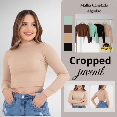 Blusa Cropped Feminino Juvenil Gola Alta Liso Malha Canelada Algodão Adolescente Estilosa Inverno