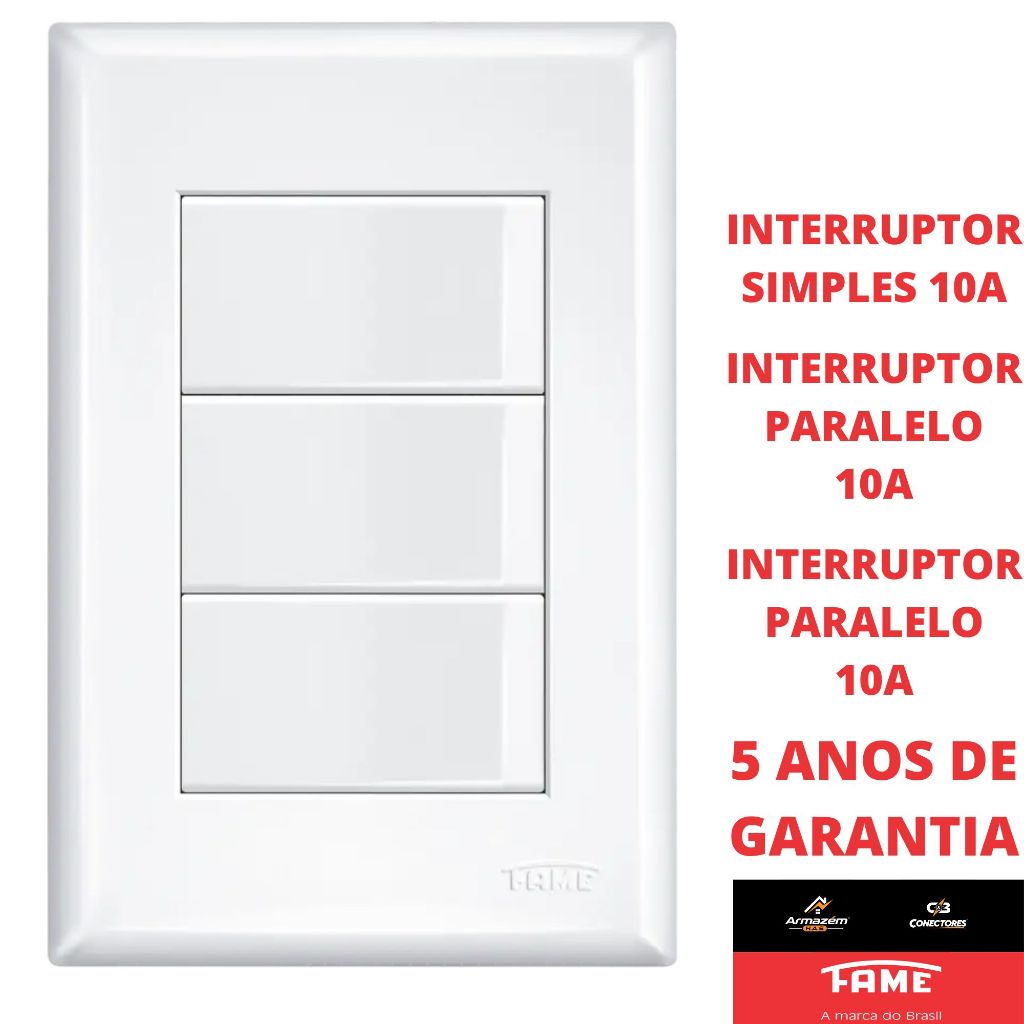 Interruptor Simples 1 Tecla 10A e Paralelo 2 Teclas 10A Com Placa Evidence FAME