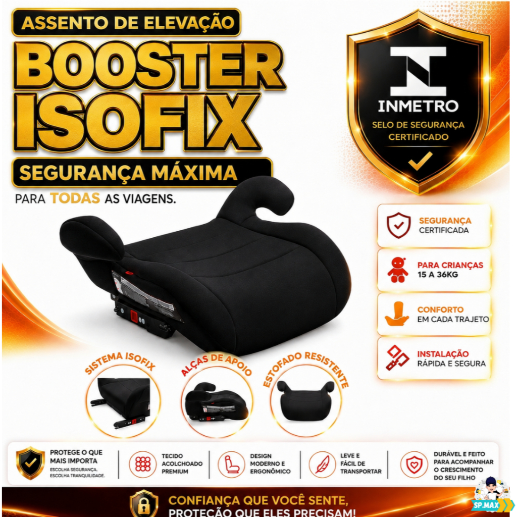 Assento de Carro ISOFIX Infantil (15 a36 Kg) Banco de Elevação Booster Cadeira Viagem-FIX FIT -Preto