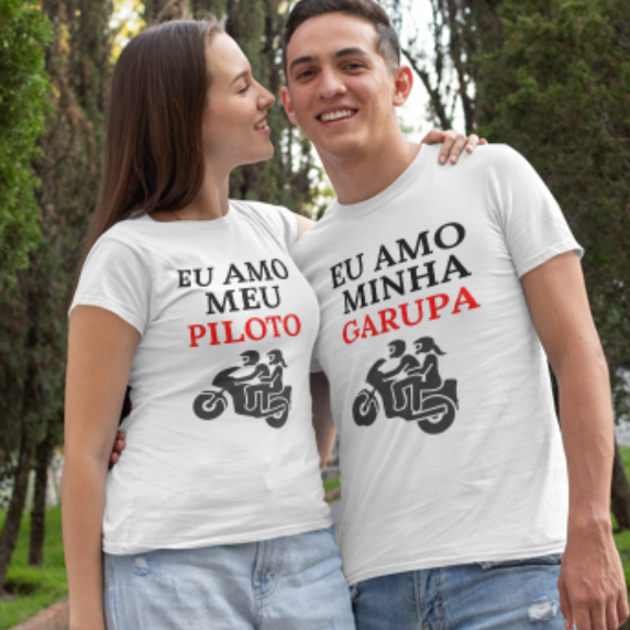Kit Camiseta Casal Estampa Eu Amo Minha Garupa Eu Amo Meu Piloto Tecido 100% Poliéster