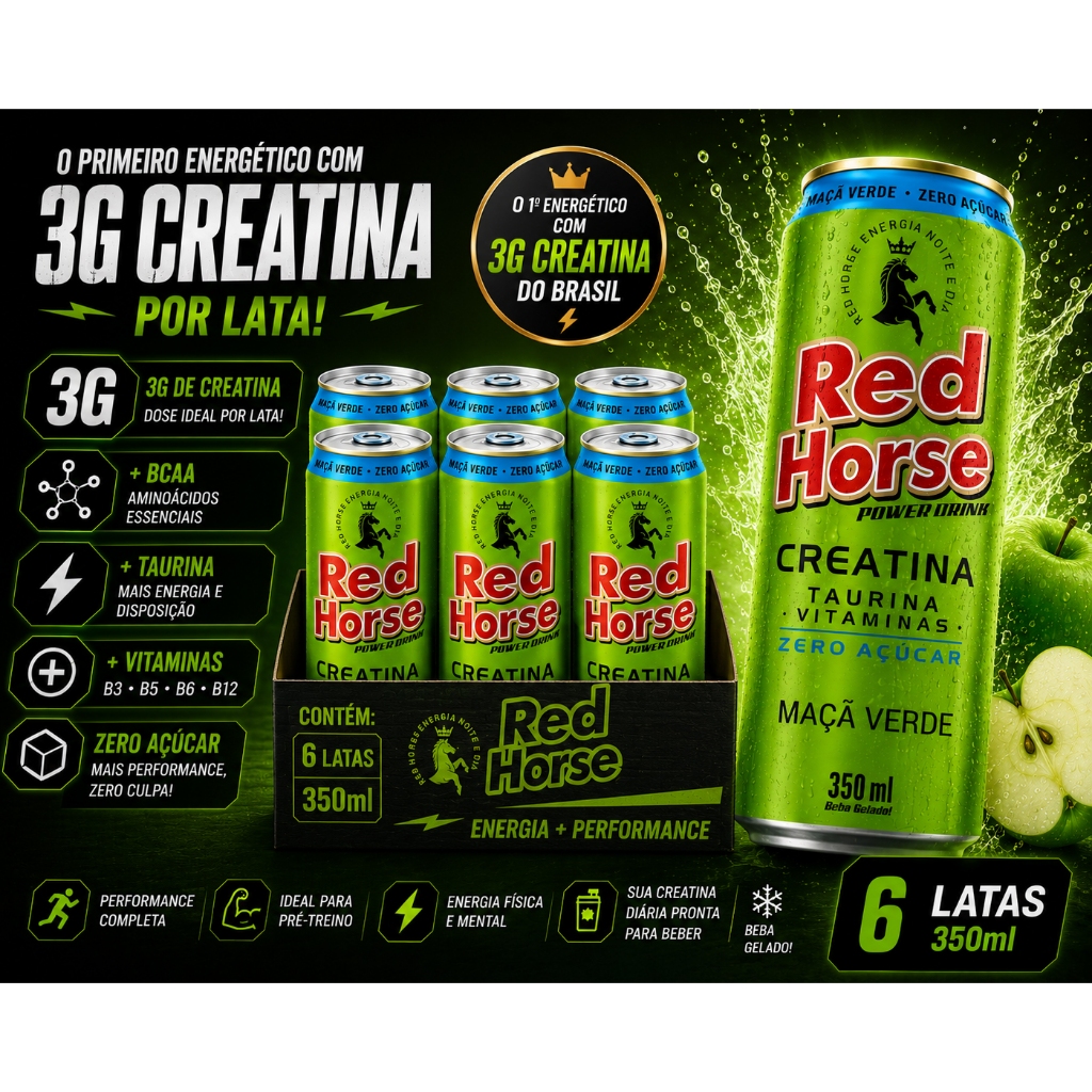 Red Horse Creatina 3G Maçã Verde Zero Açúcar