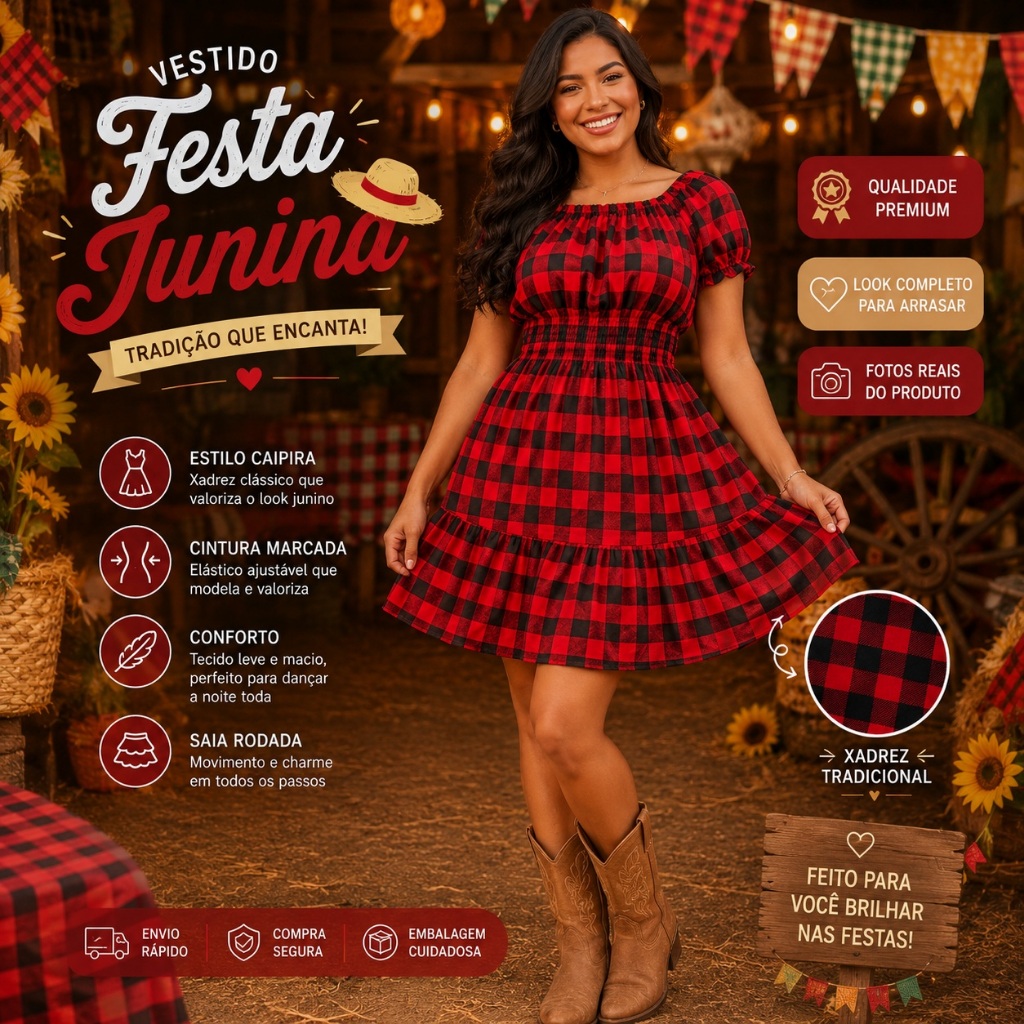 Vestido Xadrez Curto Festa Junina Arraial Quadrilha Moda Casual Rodado Inverno