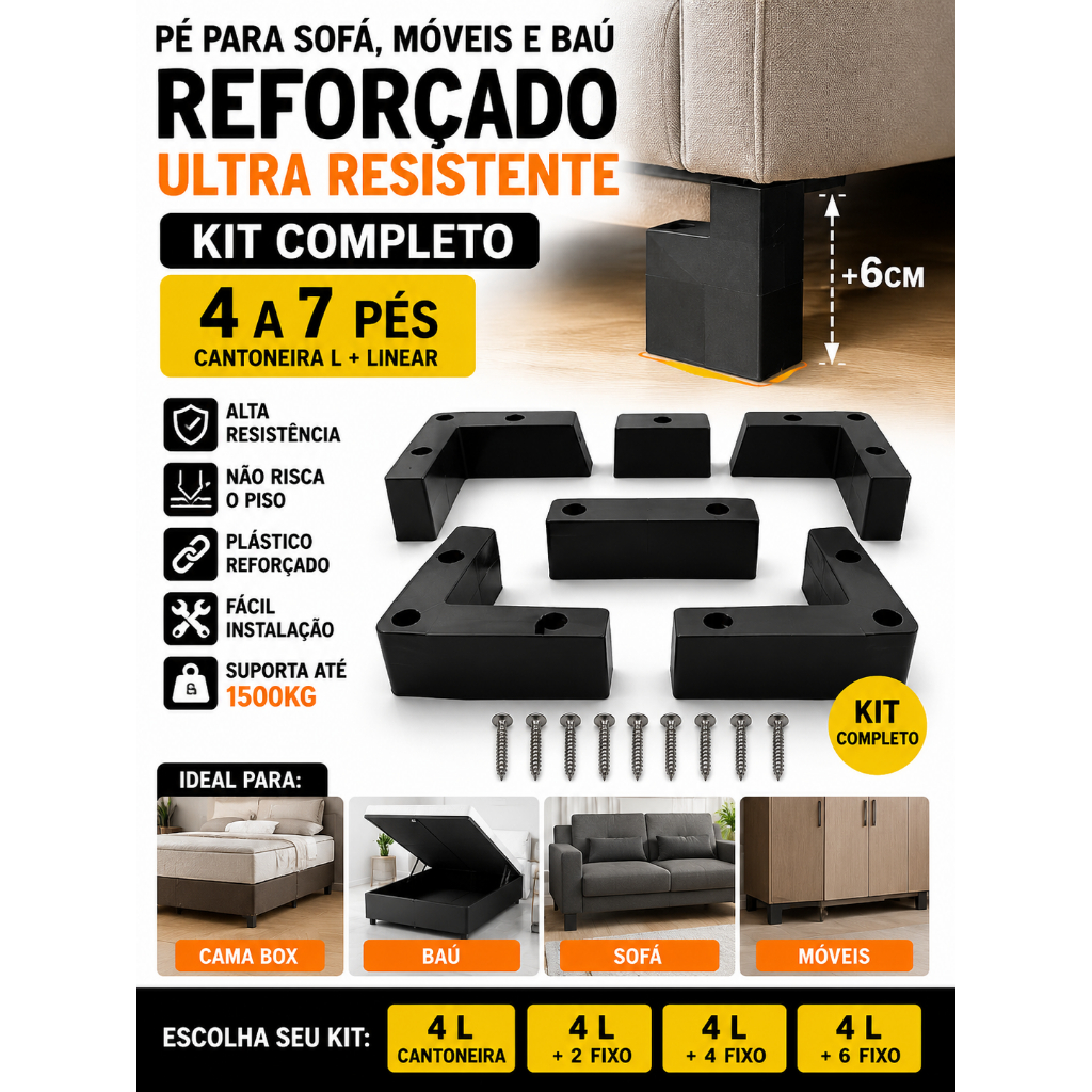 Pé Sofá Móveis Baú Cantoneira L Reforçado Universal Preto Kit Completo