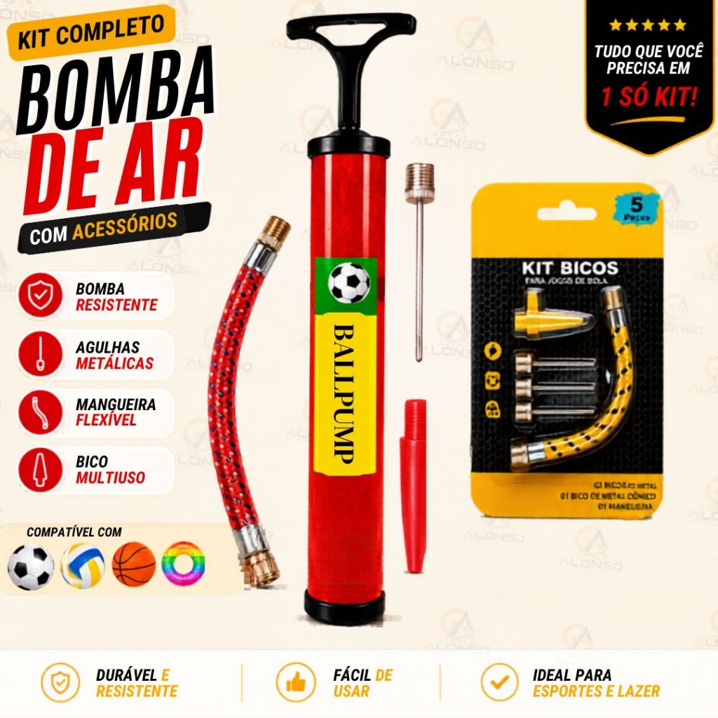 Bomba de ar Manual c/ Acessórios para Encher Bolas Futebol Basquete Vôlei e Brinquedos Infláveis