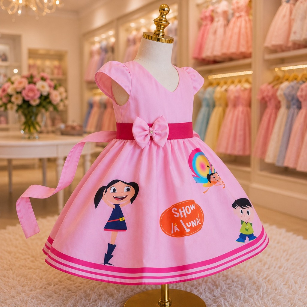 Vestido Infantil Temático Simples Show da Luna Rosa (jm