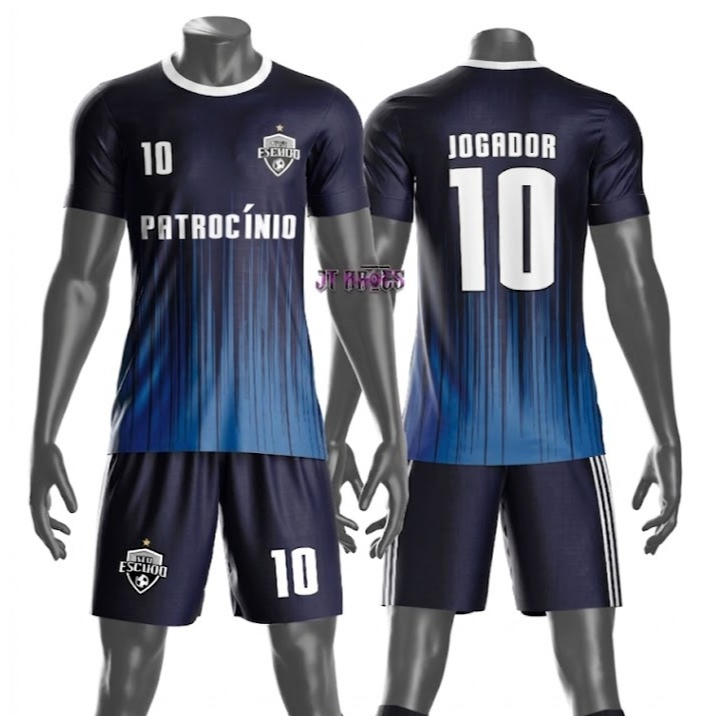 Uniforme jogador futebol amador esportivo camiseta e calção personalizavél nome número escudo mo 214