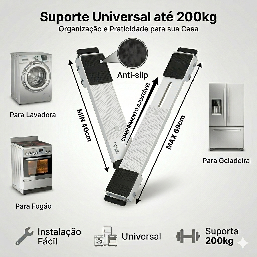 【INSTALAÇÃO SEM FERRAMENTAS】Base Suporte com Rodinha para Qualquer Eletrodoméstico, Resistente até 200kg, Fácil de Usar