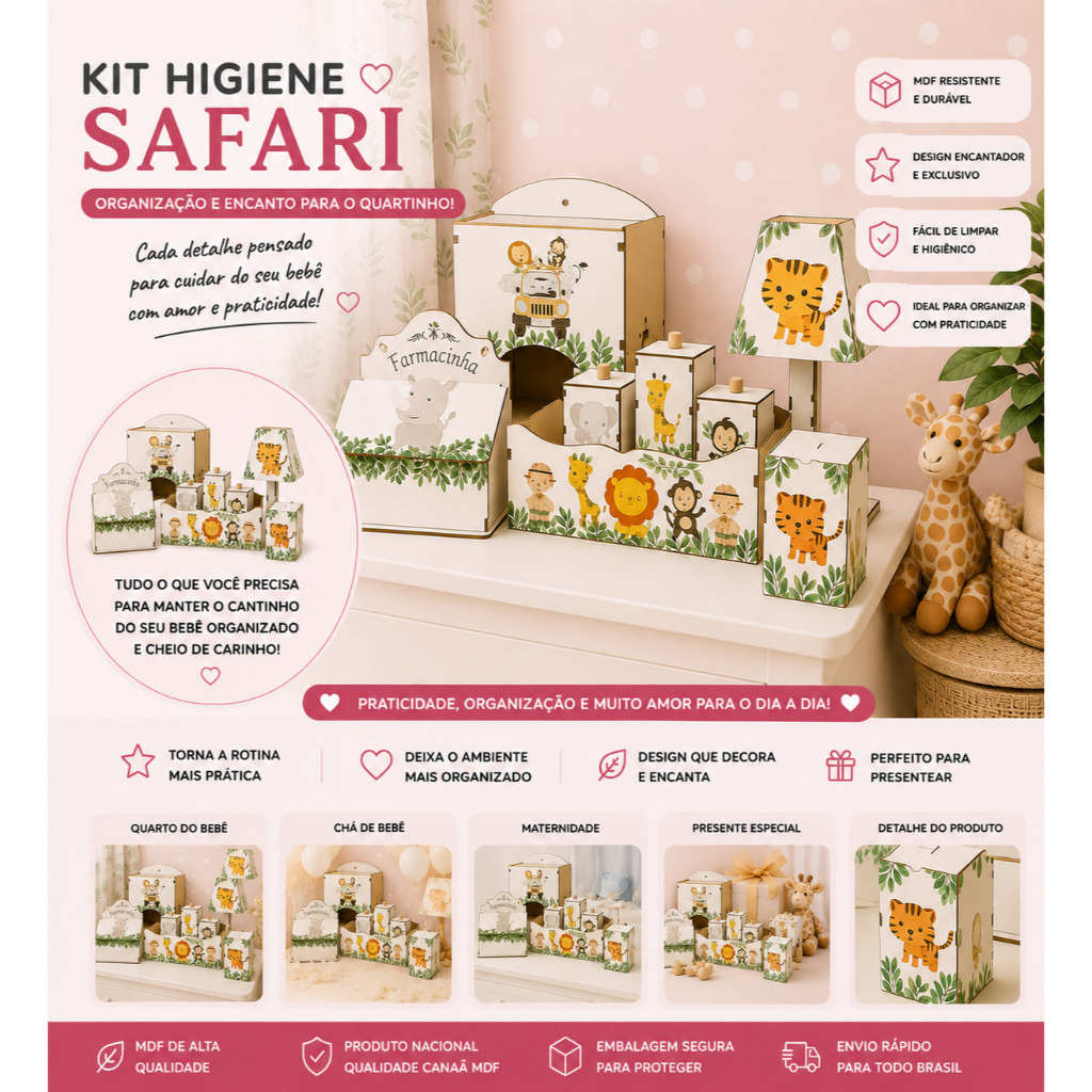 Kit Higiene Bebê safari 8 Pç Mdf Mult uso adesivado novidade