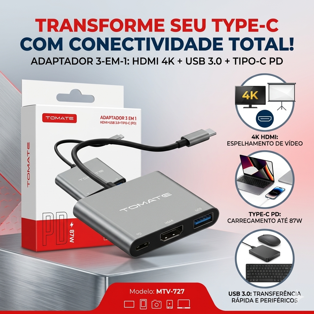 Adaptador Hub USB-C 3 Em 1 HDMI 4K USB 3.0 Carregamento PD 87W Para Notebook e Celular