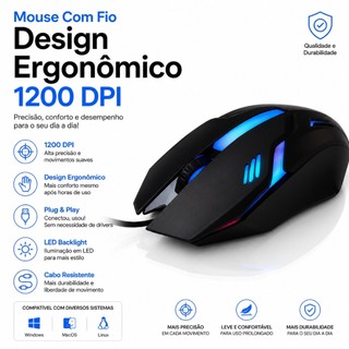 Mouse Com Fio Design Ergonômico 1200 DPI Ajustável Alta Precisão Cabo Resistente