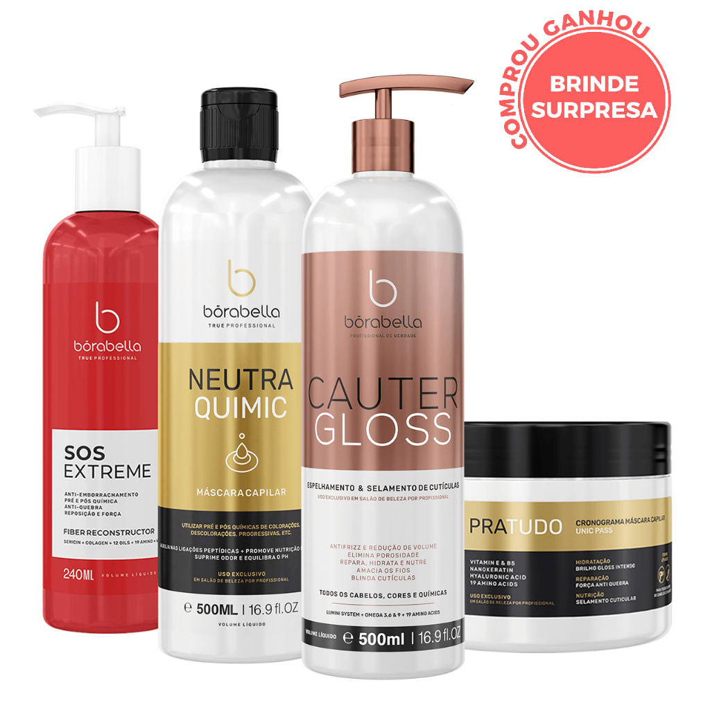 Combo Super Brilho Borabella Neutraquimic 500ml + Cauter Gloss + Sos Extreme + Máscara Pratudo 300gr