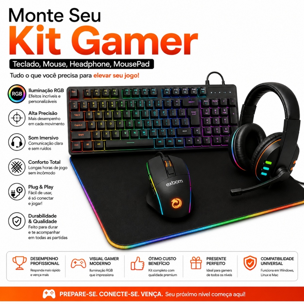 Kit Gamer Teclado Semi-mecânico RGB, Mouse RGB, MousePad LED Preto, Mousepad Mundo, Headphone Fone