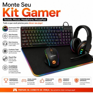 Kit Gamer Teclado Semi-mecânico RGB, Mouse RGB, MousePad LED Preto, Mousepad Mundo, Headp…