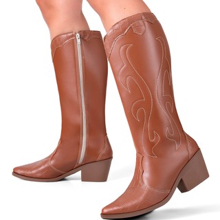 Bota Feminina Lumiss Western Texana Bico Fino Salto Grosso Croco Confortável Country Boiadeira
