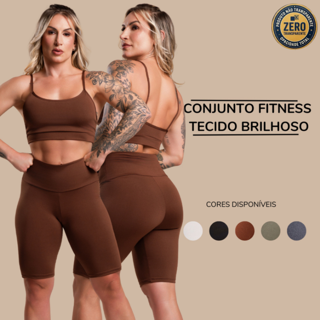 Conjunto Fitness Feminino Brilhoso Academia Top Cropped Alcinha e Bermuda Lisa Ciclista Cintura Alta ZERO TRANSPARÊNCIA