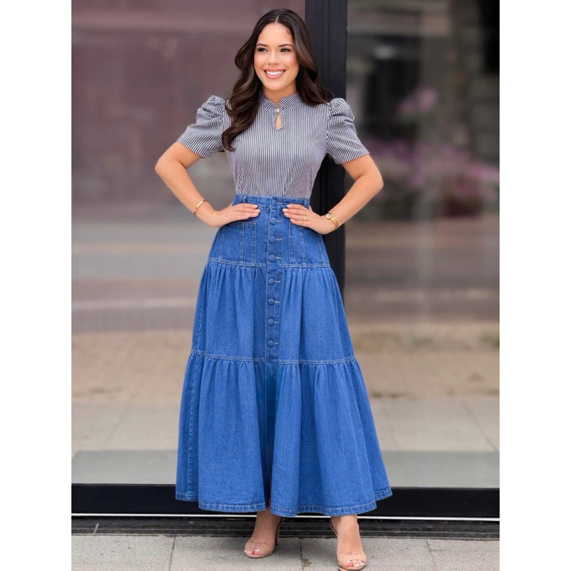 Saia Jeans Moda Evangélica Modesta Roupas Elegantes moda evangelica igreja congresso evento reuniao fashion longa