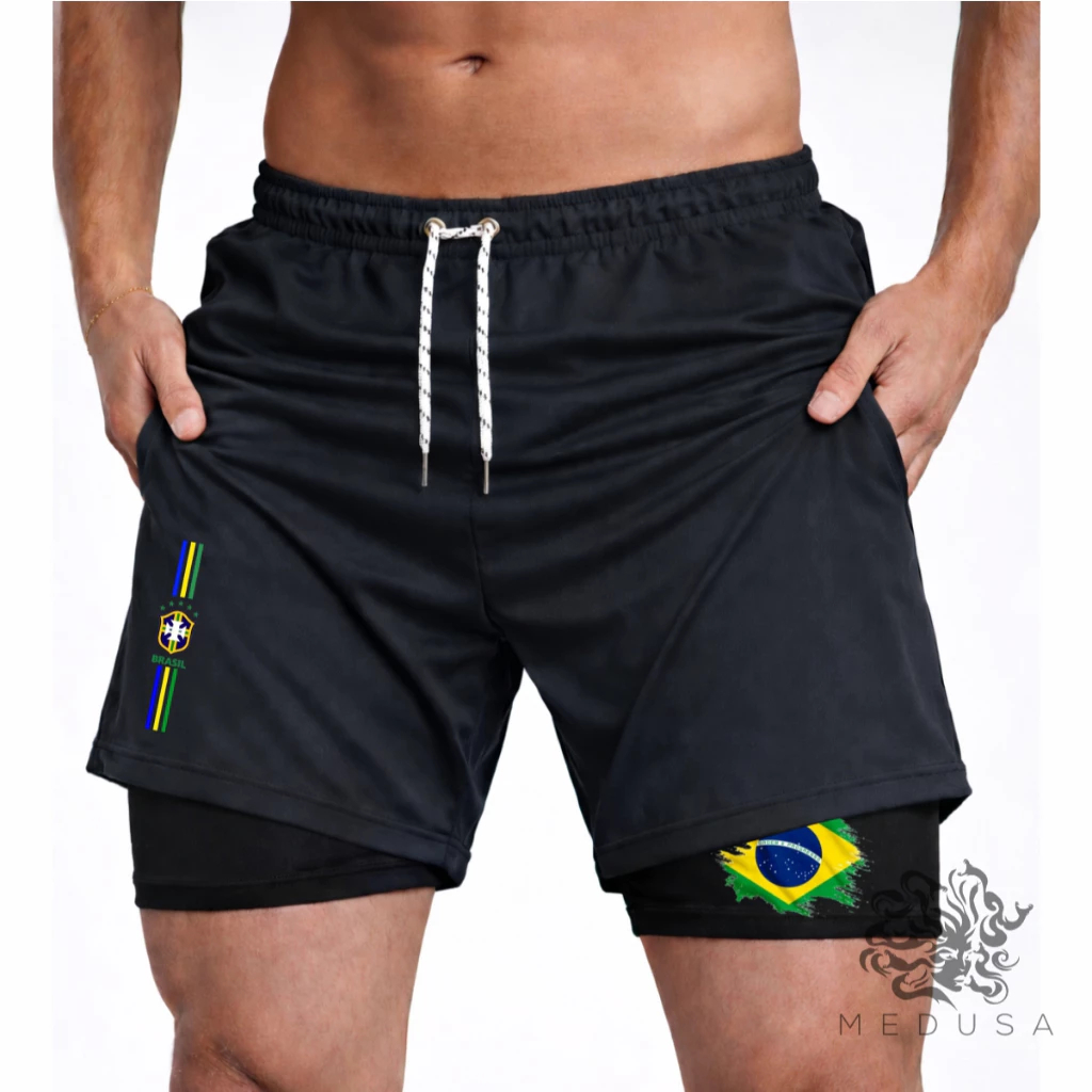 Bermuda Compressão 2em1 BRASIL 02 Masculina DryFit + Elastano Ideal Academia Corrida Bike Crossfit