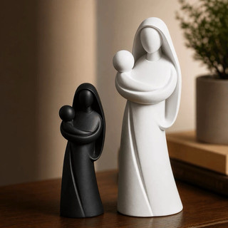 Imagem Nossa Senhora com Menino Jesus Moderna Minimalista 15cm 20cm Decoração Religiosa Branca Preta