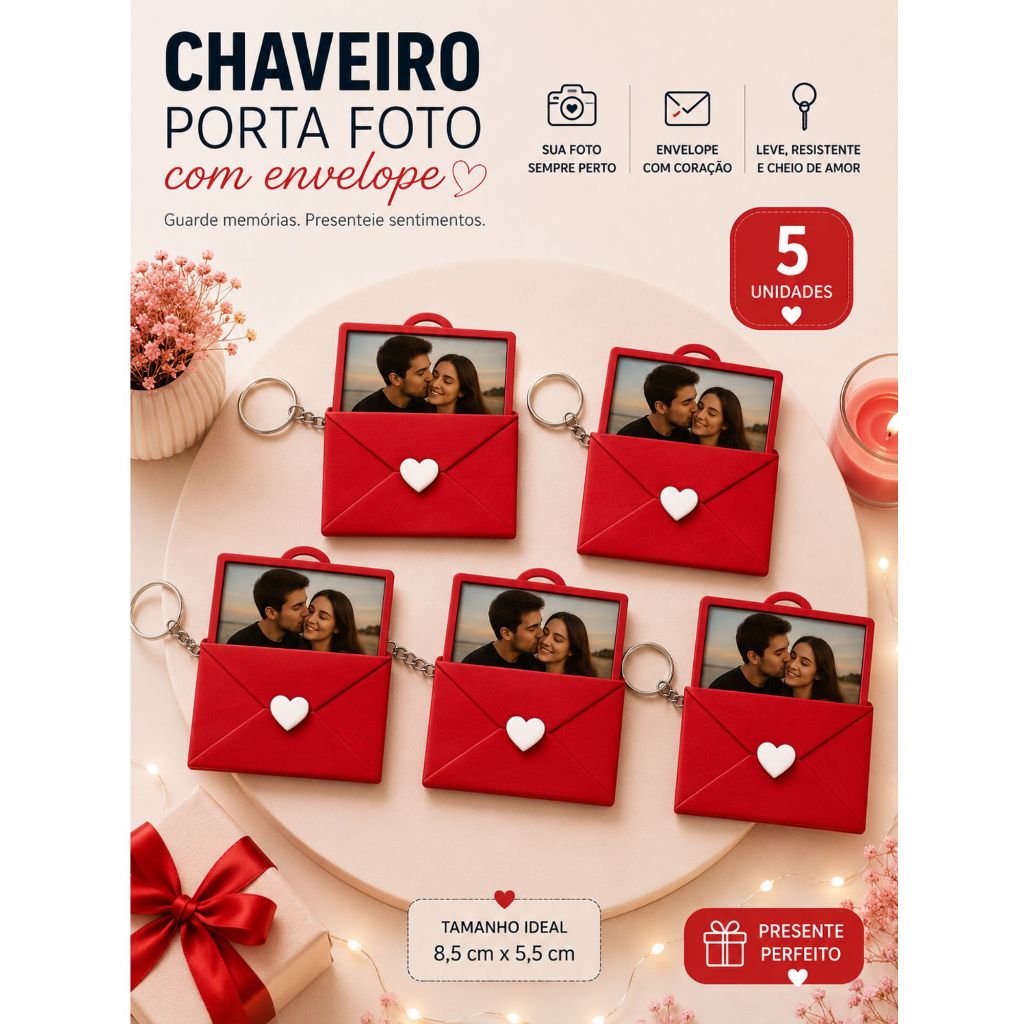 Kit com 5 Chaveiros Porta Foto Envelope com Coração Personalizado Dos Pais Namorados Casais Recordação