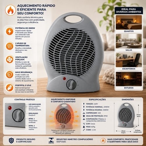 Aquecedor Portatil Eletrico 2000w Alta Potencia Silencioso Uso Residencial Industrial