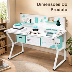 Mesa de Computador Escrivaninha com Painel Pegboard Organizador e Prateleiras para Estudo e Home Office MECOLOUR