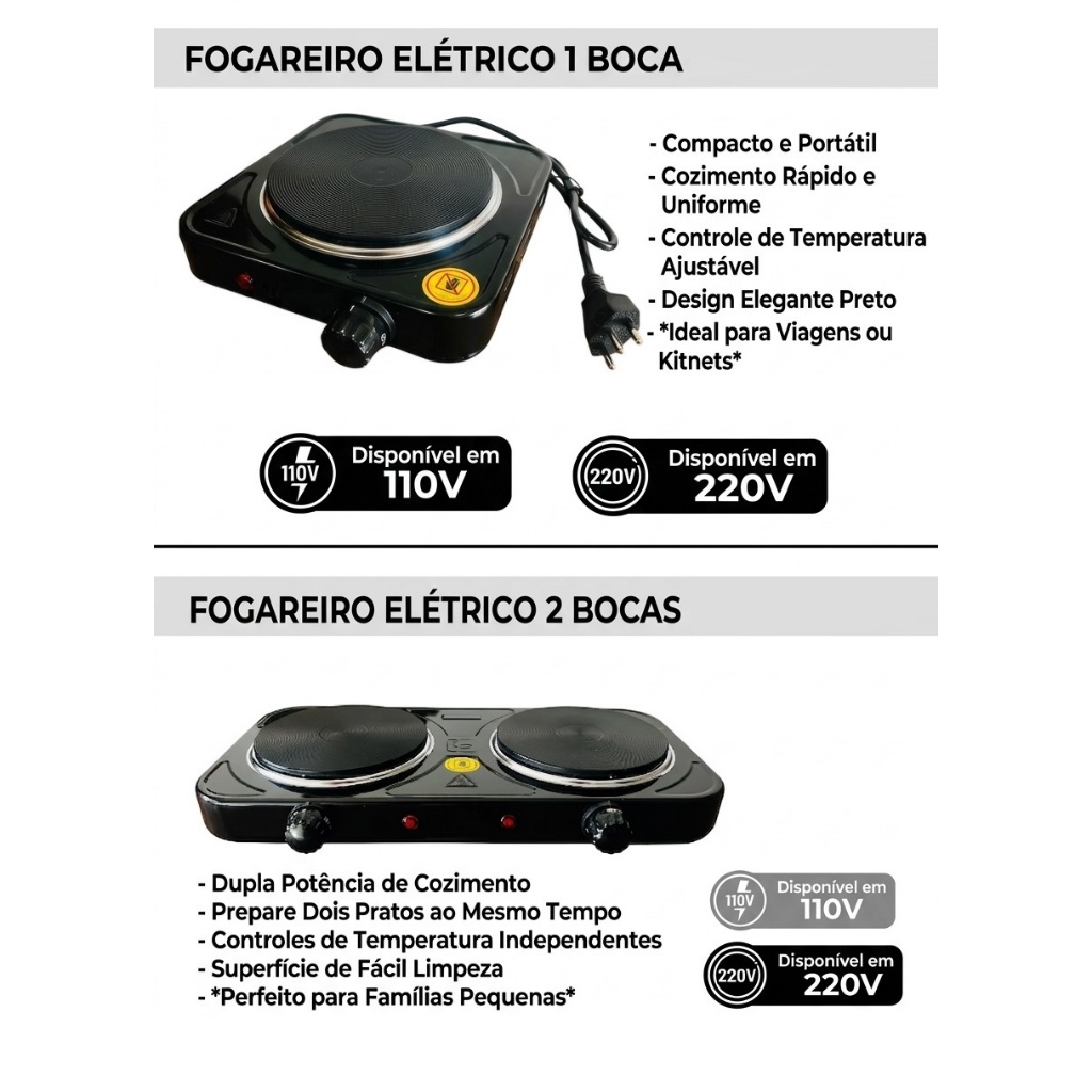 Fogareiro Fogão Chapa Cooktop Elétrico 2 Bocas 2000W ou 1 Boca 1200W 110V ou 220V