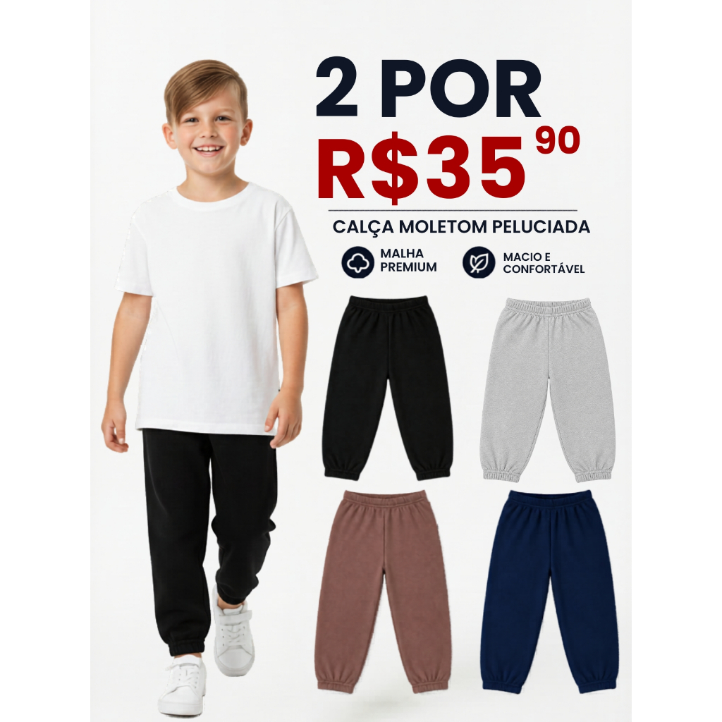 Kit 2 Calças Moletom Infantil Menino Peluciado Bebê Inverno Quentinho Com Punho Sortido