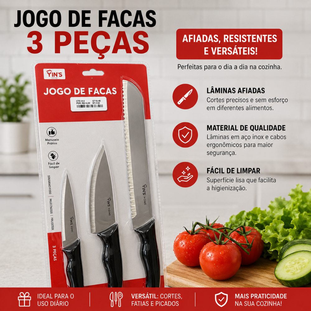 Jogo de Facas Cozinha multiuso praticas modernas 10,4cm 12,4cm 20,3cm Dia a Dia Cozinha