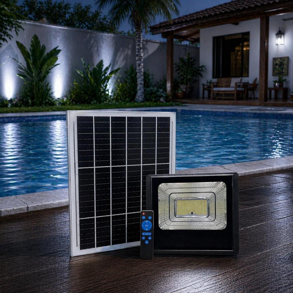 Refletor Solar 600W Holofote C/ Iluminação Resistente Água C/ Placa Solar e Controle Remoto Para Quintal Garagem Sítio