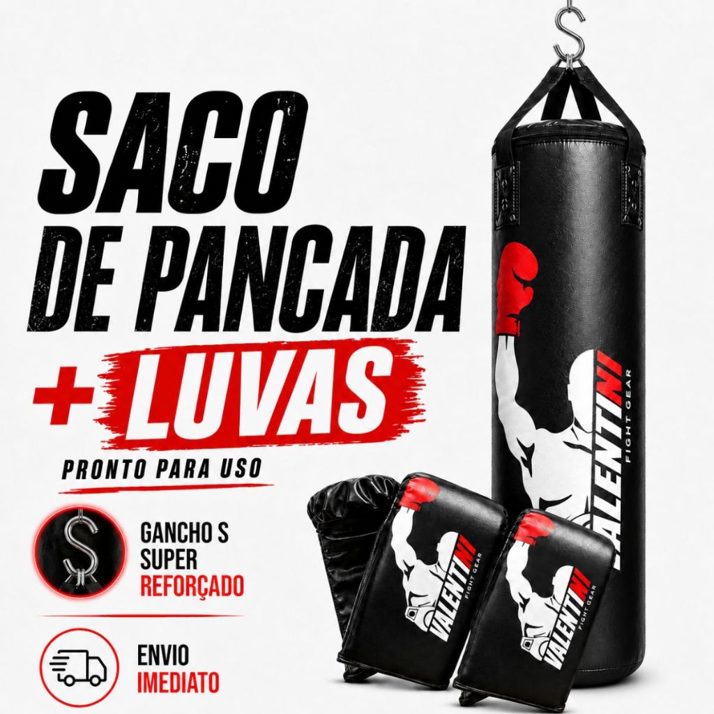 Saco de Pancada VALENTINI 120 cm - Treino Boxe Muay Thai  - Alta Resistencia + 2 Luva Bate Saco Preta