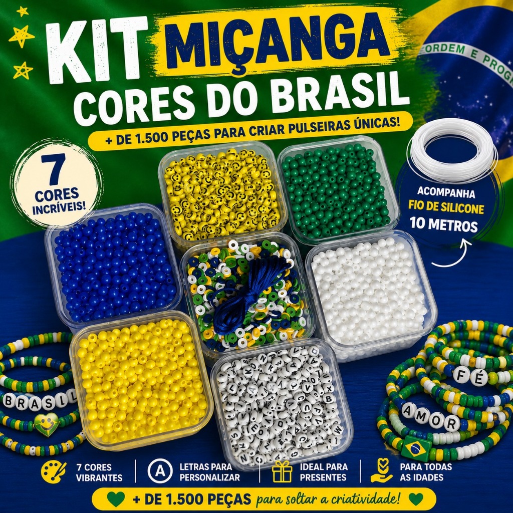 Kit Miçangas Brasil 1500 Peças + Fio Silicone 10m Pulseiras Copa do Mundo Hexa