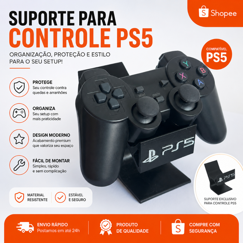 Suporte Duplo de Controle PS5 PS4 PS3 Gamer Personalizado Console PlayStation - Stand de Mesa Premium Preto