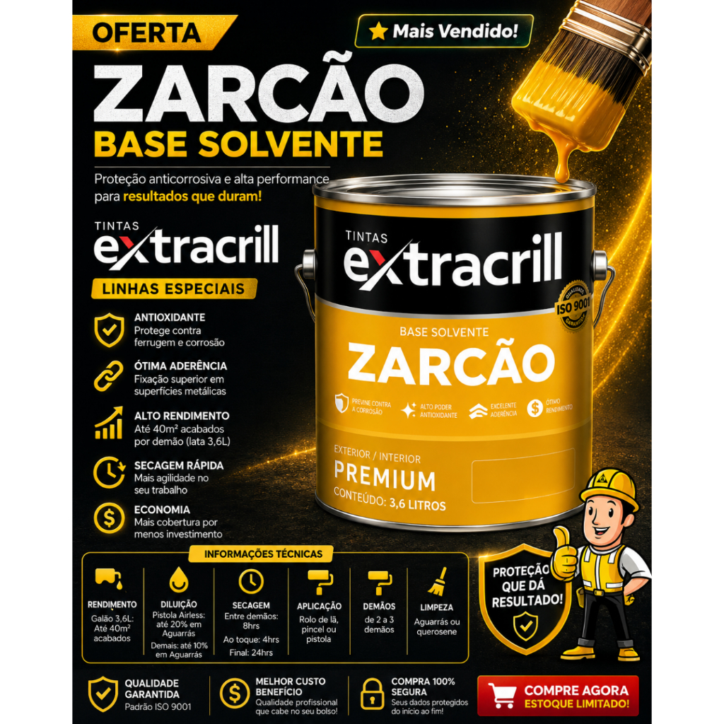 Zarcão Extracrill 3,6L Fundo Anticorrosivo Previne Ferrugem Portão Cor: Cinza