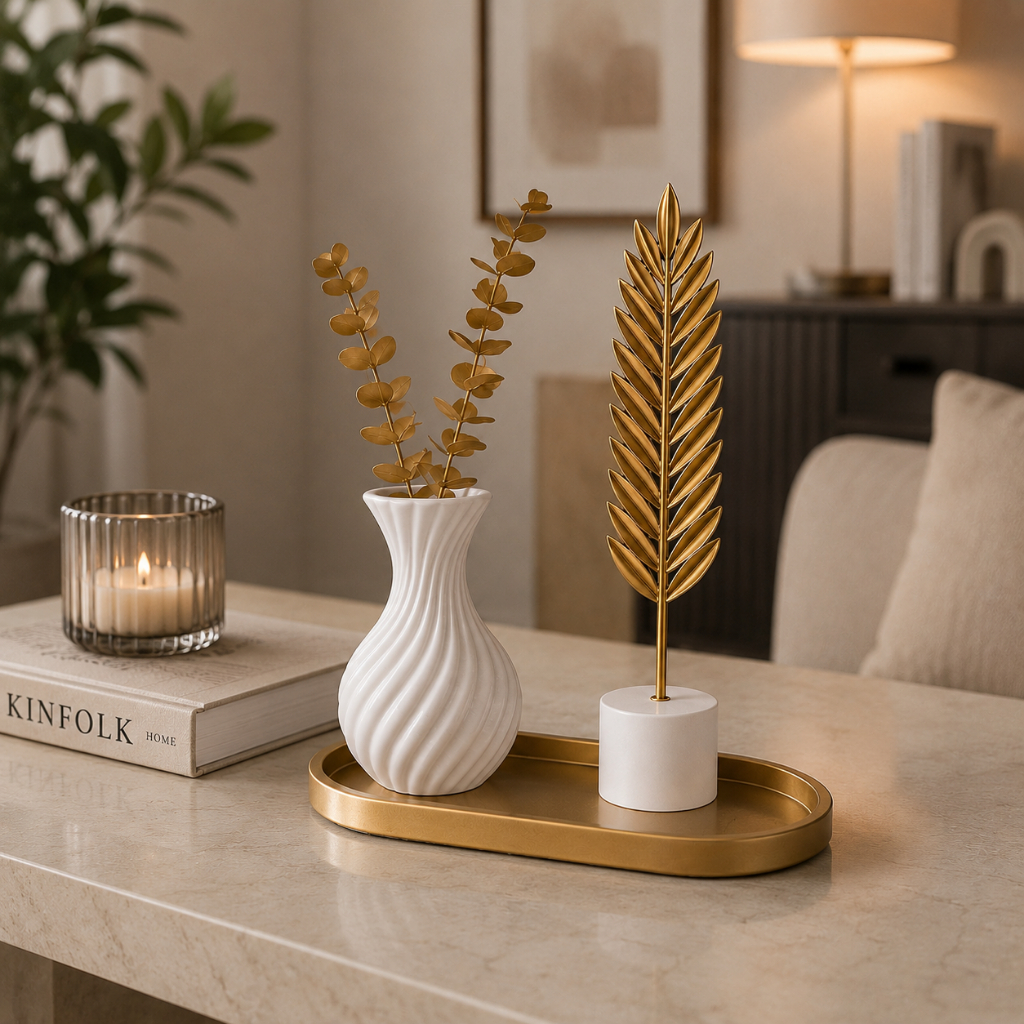 Kit 3 itens Decorativo Home com Vaso Ondulado e Pena Minimalista bandeja decoração pronta decorativo