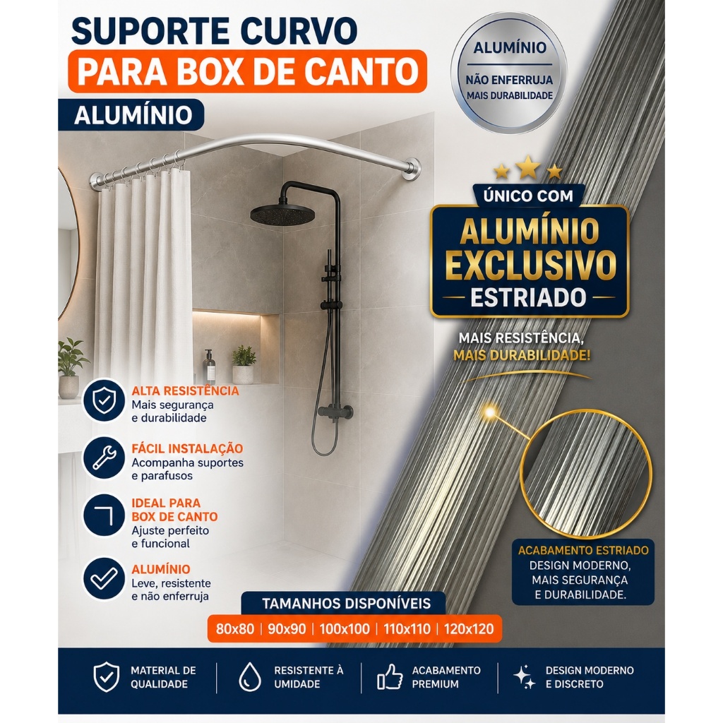 Suporte Curvo para Box de Canto em Alumínio | Não Enferruja | Alta Resistência | Fácil Instalação