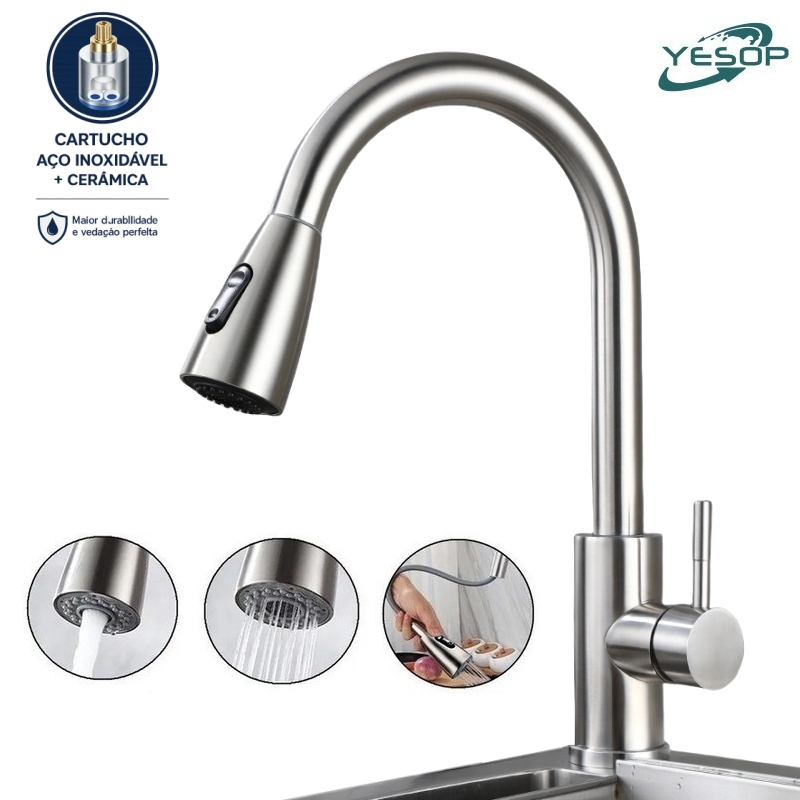 Torneira Pia Cozinha Gourmet Monocomando Com Pulverizador Pull-Out Escovado Inox Yesop