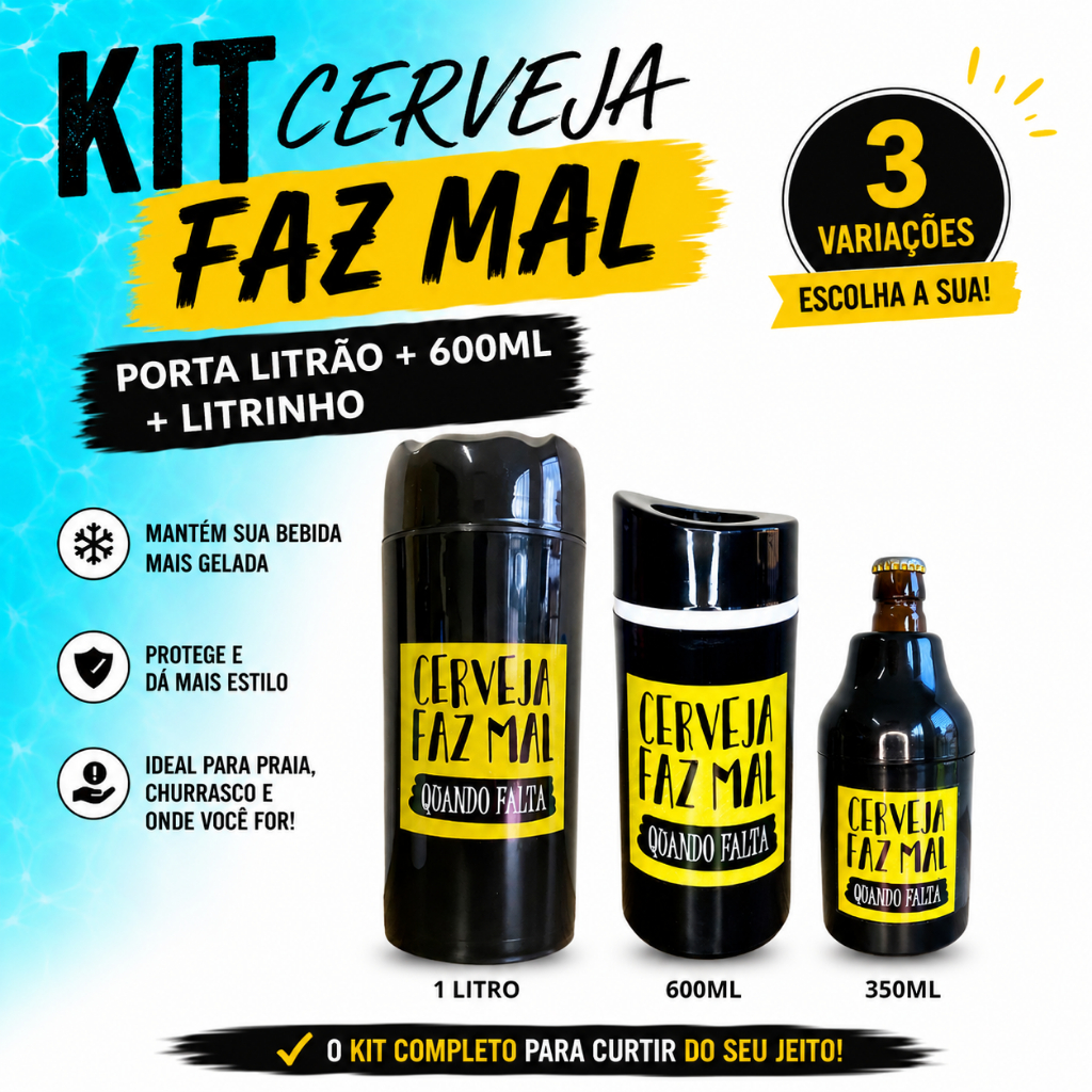 Kit 1 Porta Litro + 1 Porta Garrafa 600ml + 1 Porta Lata 3 em 1 Cerveja Suporte Térmico Bar Coleção