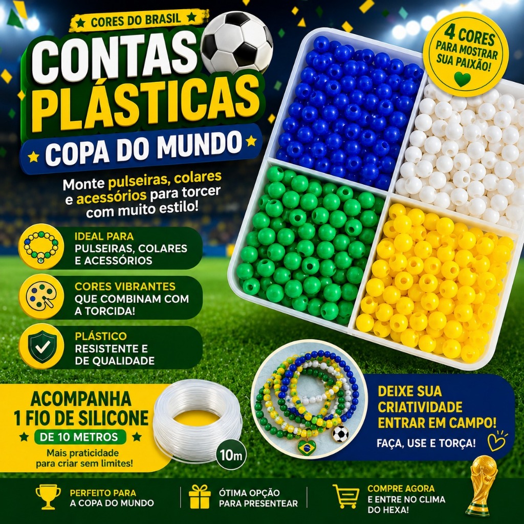 Kit Miçangas do Brasil Copa do Mundo Hexa Bolinhas 6mm + Fio de Silicone
