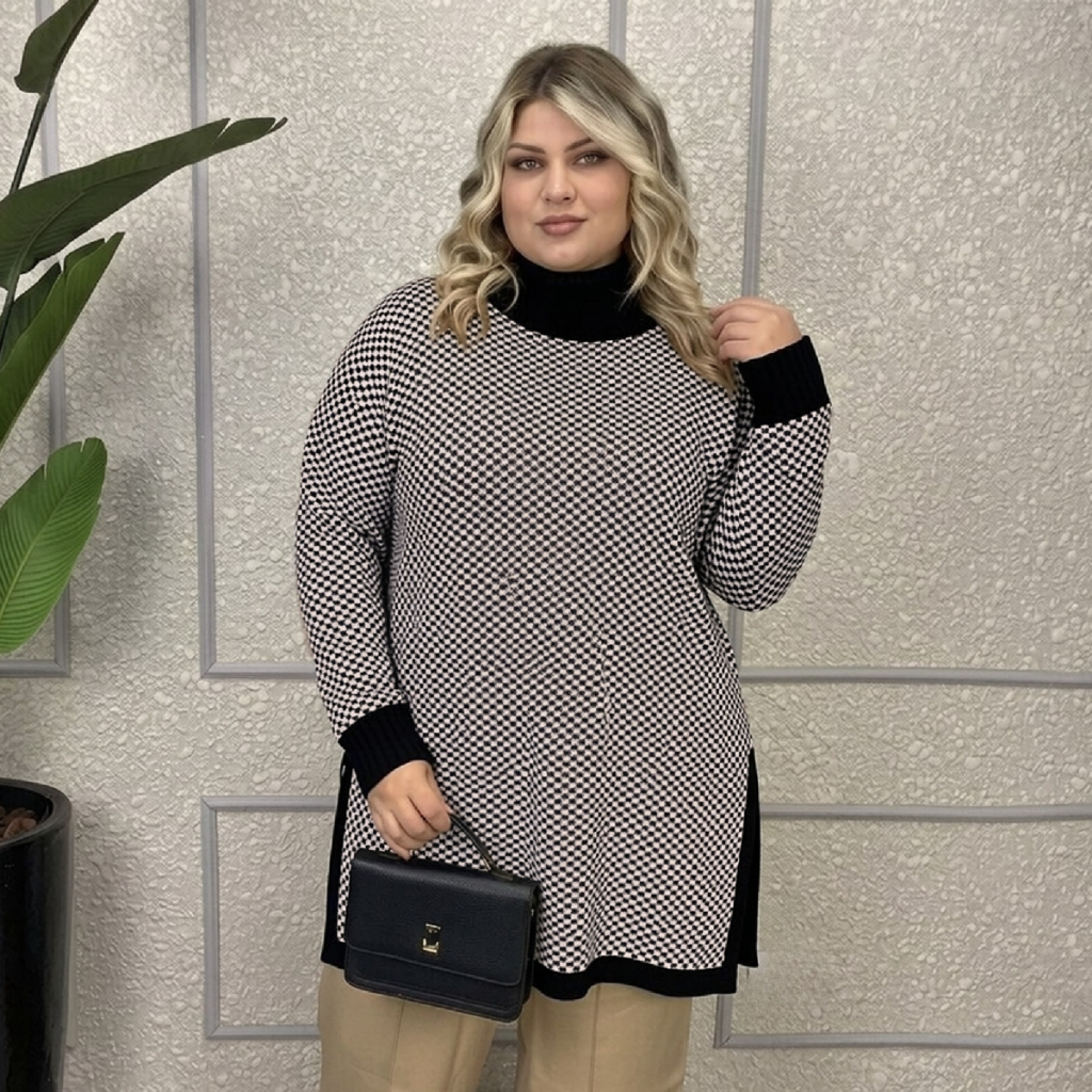 Poncho Feminino Trico Gola Alta Manga Longa Mousse Estampo Xadrez Plus Size