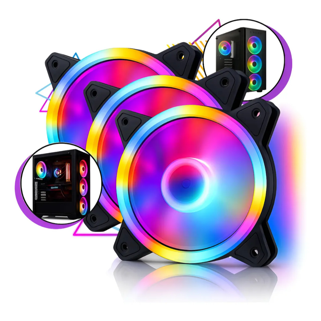 Kit 3 Ventoinha RGB para Gabinete PC Gamer 120MM Efeito Rainbow Silenciosa Vida Útil 50000 Horas