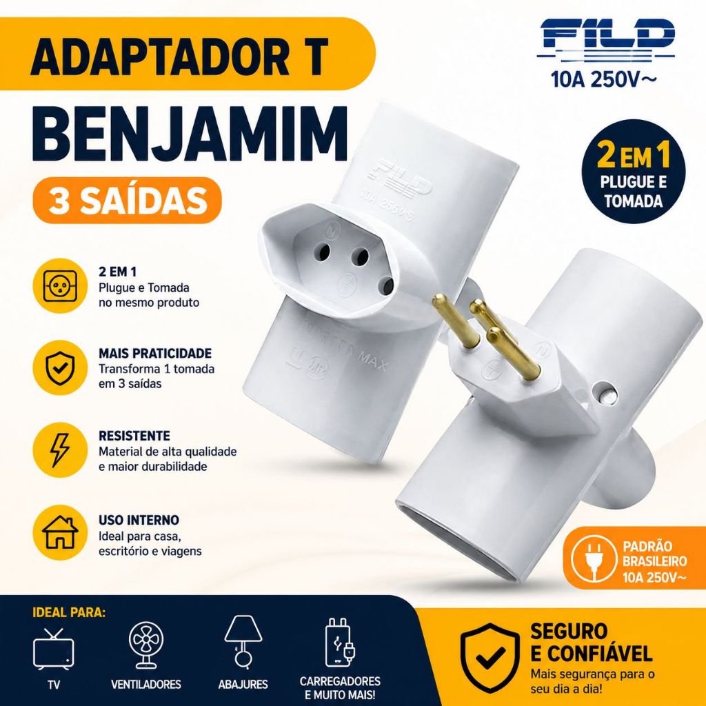 Pino Tee Benjamin Adaptador Tomada 3 Saídas