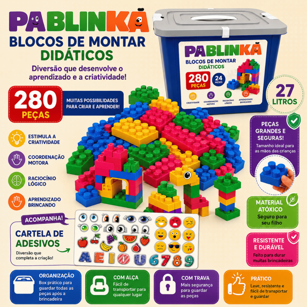 Blocos de Montar 280 Peças com Caixa Box de 27 litros
