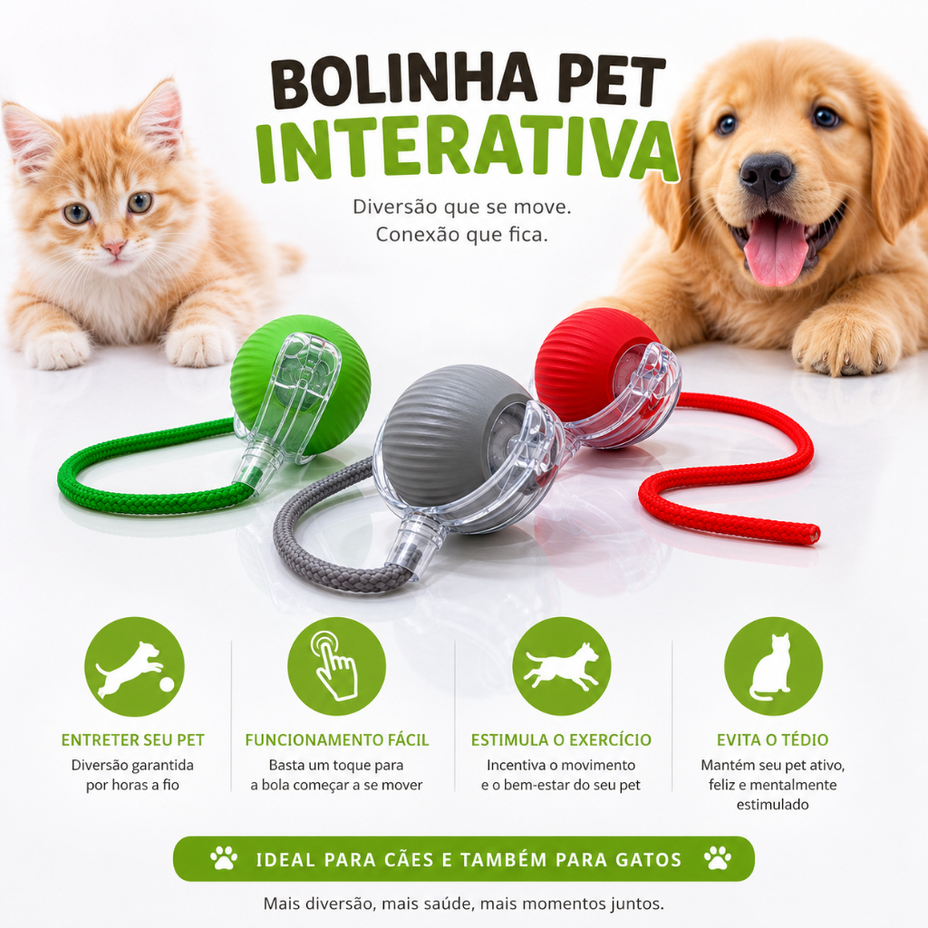 Bola Pet Automática Corda Gato Filhote Cachorro Brinquedo Interativo USB Recarregável LED