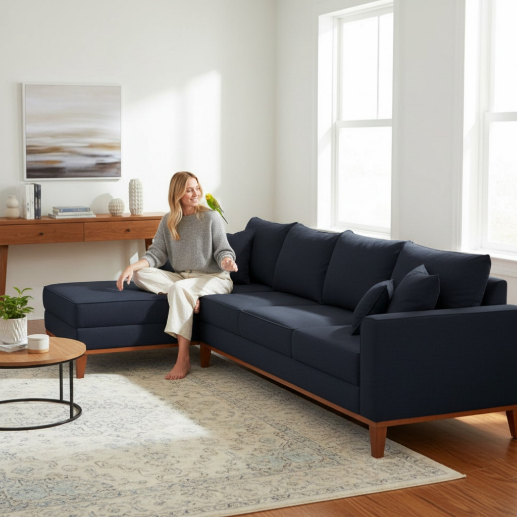 Sofá 4 Lugares Beny com Chaise Esquerdo Linho Azul