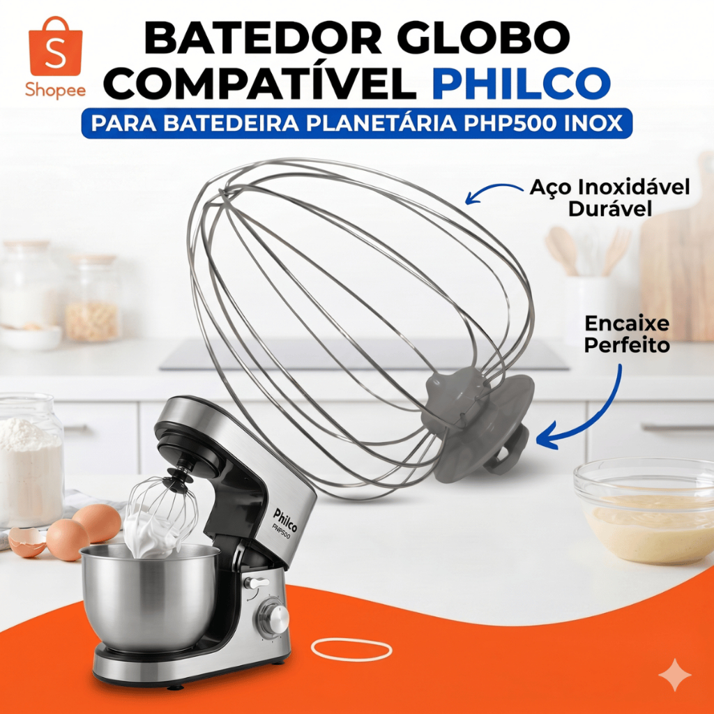 Batedor Globo Fouet Compatível Com Philco Para Batedeira Planetária PHP500 Inox