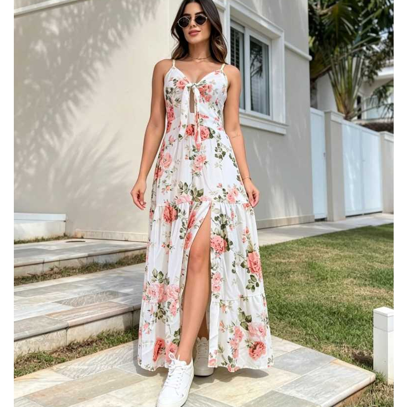 Vestido Longo Feminino Estampa Alças Ajustáveis Elegante e Confortável Qualidade Premium