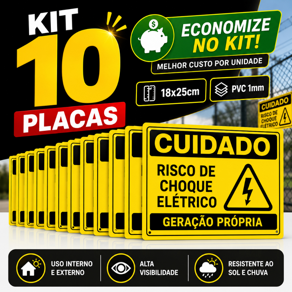 Kit 10 Placas Risco de Choque Elétrico 18x25cm PVC Alta Visibilidade Uso Externo Segurança Cerca Elétrica