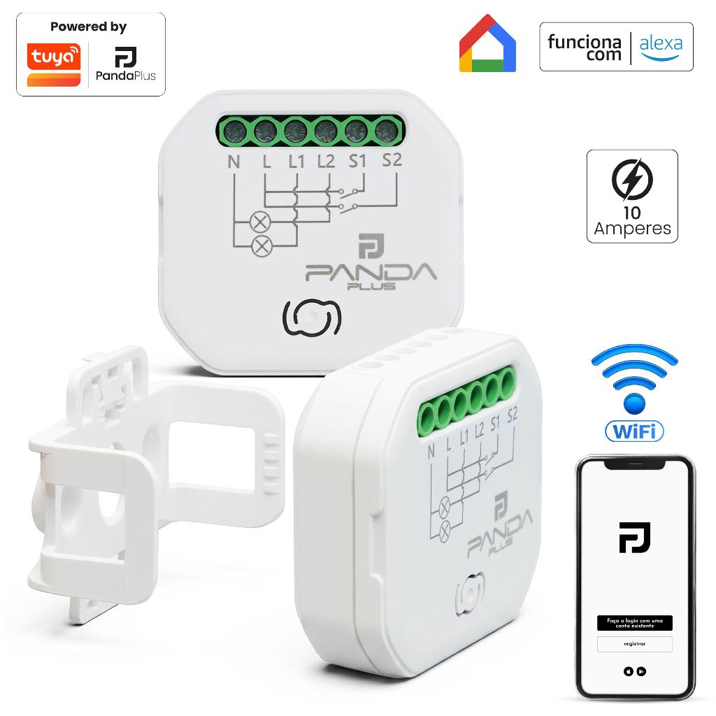Módulo Interruptor Inteligente Tuya WiFi Relé 1 ou 2 Canais 16A Alexa Google Panda Plus Bivolt