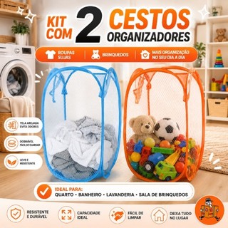 Kit com 2 cestos organizador flexivel grande, para roupas e brinquedos, cesto organizador multiuso,cesto de roupa seja