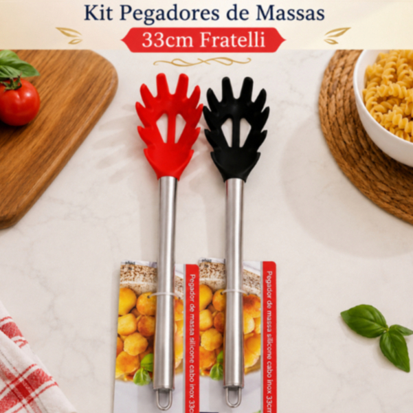 Kit Pegadores De Massas Silicone 33cm Cabo Inox Fratelli Cozinha Macarrão Utilidades
